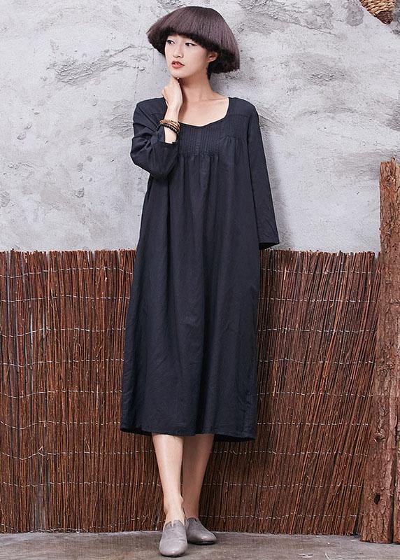 Vivid Bracelet Sleeved Cotton Linen Quilting Clothes Inspiration Black Cinched Dress Summer