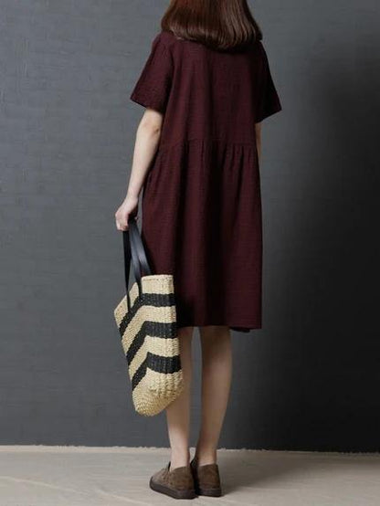 Vivid Burgundy Plaid Linen Cotton Clothes for V Neck Cinched Daily Dresses