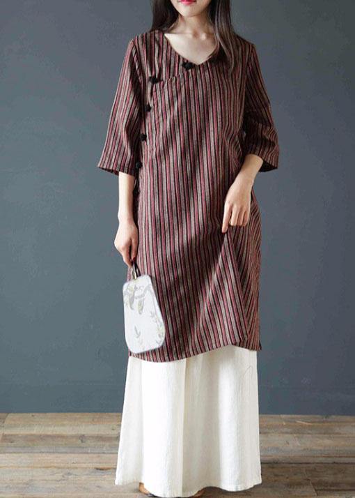 Vivid Chocolate Striped Cotton Dress V Neck Dress