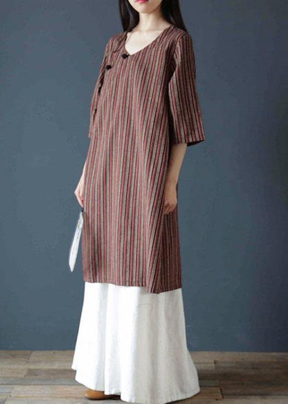 Vivid Chocolate Striped Cotton Dress V Neck Dress