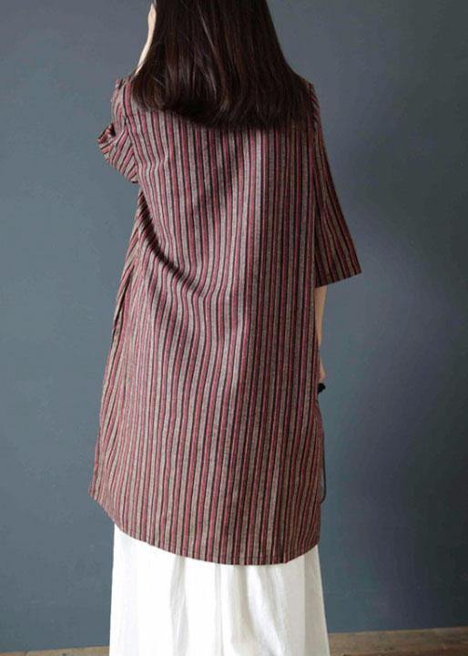 Vivid Chocolate Striped Cotton Dress V Neck Dress