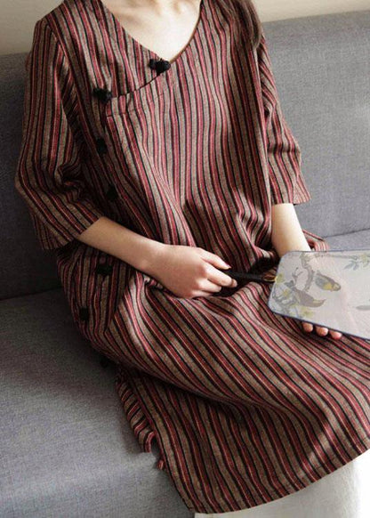 Vivid Chocolate Striped Cotton Dress V Neck Dress