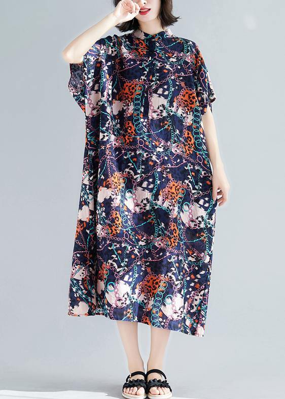 Vivid Dark Blue Print Cotton Linen Outfit Stand Collar Pockets Summer Dresses
