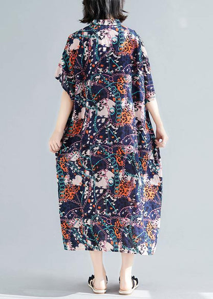 Vivid Dark Blue Print Cotton Linen Outfit Stand Collar Pockets Summer Dresses