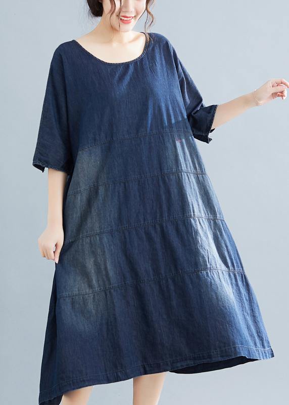 Vivid Denim Blue Cotton Quilting Dresses Fabrics O Neck Kaftan Summer Dresses