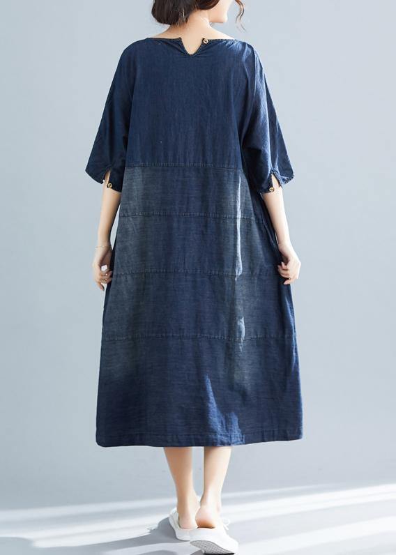 Vivid Denim Blue Cotton Quilting Dresses Fabrics O Neck Kaftan Summer Dresses