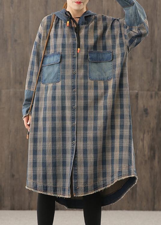 Vivid Denim Blue Plaid Tunic Hooded Button Down Dress