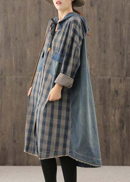 Vivid denim blue plaid Tunic hooded Button Down Plus Size Dress