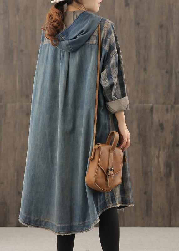 Vivid denim blue plaid Tunic hooded Button Down Plus Size Dress