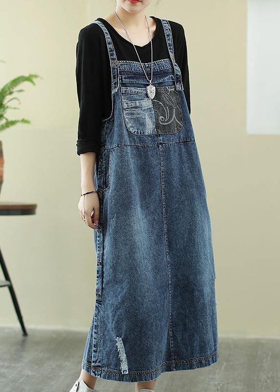 Vivid Denim Blue-red Flower Tunic Dress Slash Neck Hole Maxi Dress