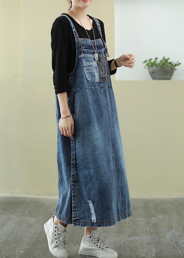 Vivid Denim Blue-red Flower Tunic Dress Slash Neck Hole Maxi Dress