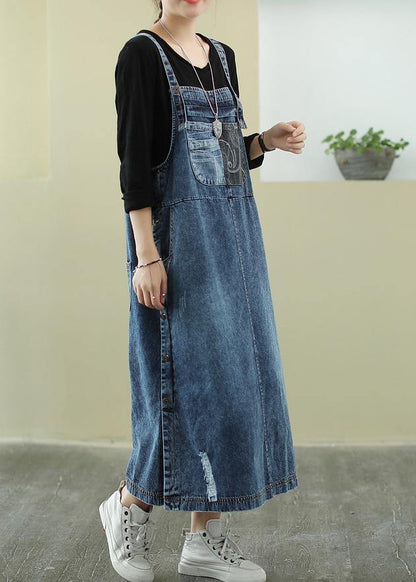 Vivid Denim Blue-white Flowers Tunic Dress Slash Neck Hole Maxi Dress