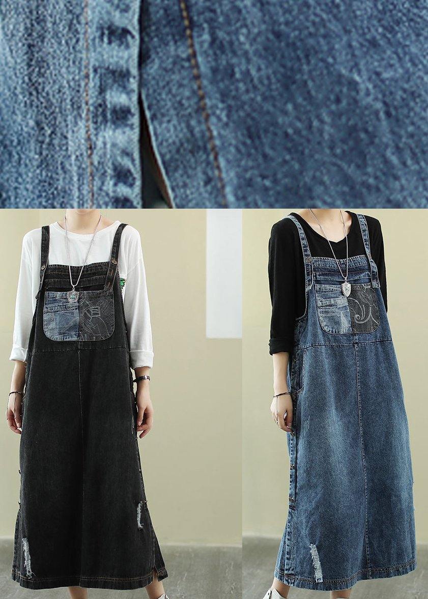 Vivid Denim Blue-letter Tunic Dress Slash Neck Hole Maxi Dress