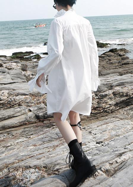 Vivid flare sleeve cotton ruffles Tunics Work white stand collar Art shirt Dress