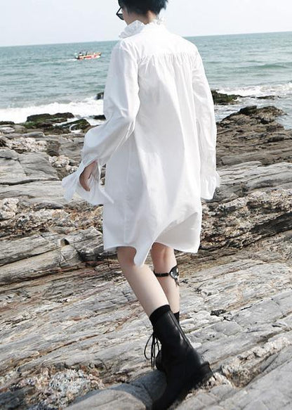 Vivid flare sleeve cotton ruffles Tunics Work white stand collar Art shirt Dress