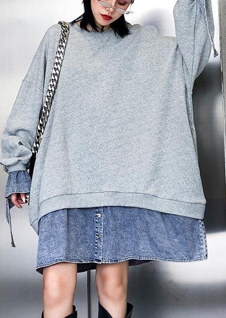 Vivid Gray Cotton Dress Patchwork False Two Pieces Art Dress