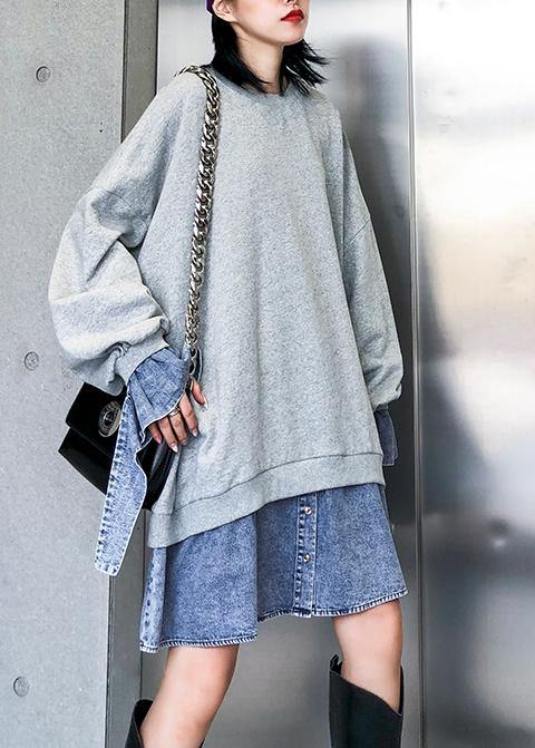 Vivid Gray Cotton Dress Patchwork False Two Pieces Art Dress