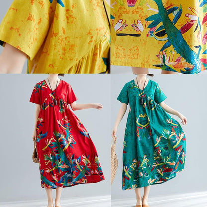 Vivid Green Cotton Dresses Prints Kaftan Summer Dresses