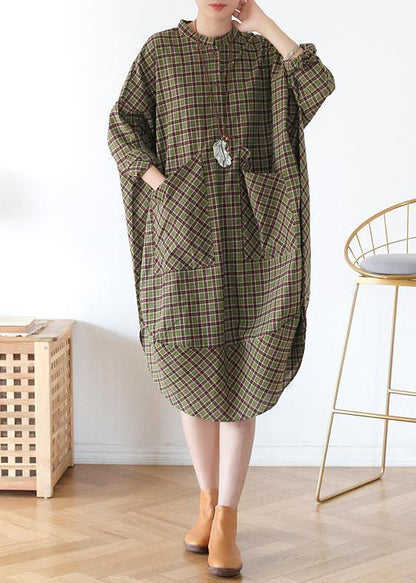 Vivid Green Plaid Quilting Clothes Pockets Fall Dress