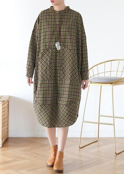 Vivid Green Plaid Quilting Clothes Pockets Fall Dress