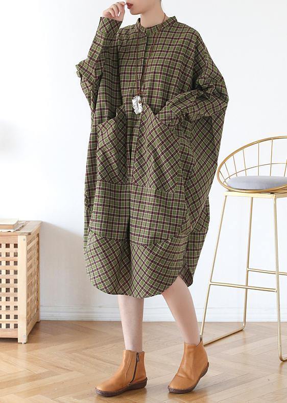 Vivid Green Plaid Quilting Clothes Pockets Fall Dress