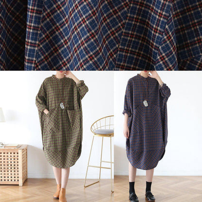 Vivid Green Plaid Quilting Clothes Pockets Fall Dress