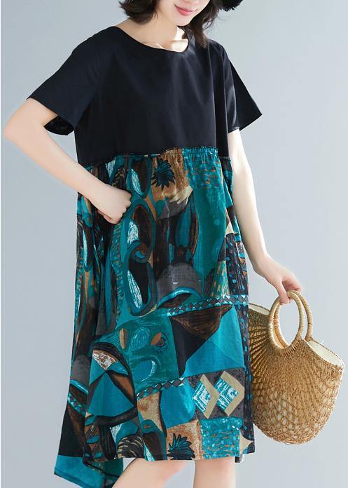 Vivid Green Prints Linen Tunic O Neck Daily Short Sleeve Dress