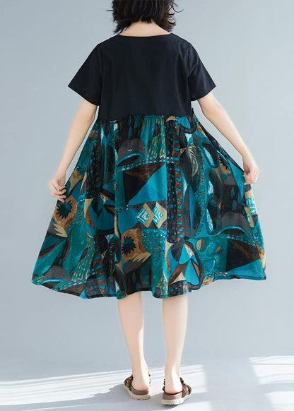 Vivid Green Prints Linen Tunic O Neck Daily Short Sleeve Dress