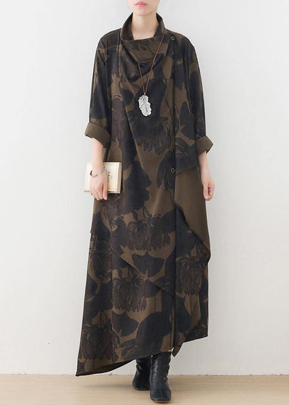Vivid High Neck Asymmetric Tunics for Sewing Green Print Loose Dresses
