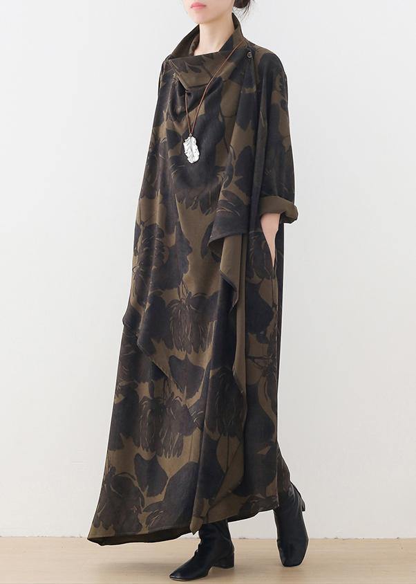 Vivid High Neck Asymmetric Tunics for Sewing Green Print Loose Dresses