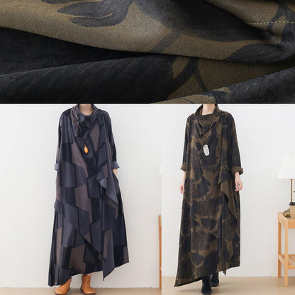 Vivid High Neck Asymmetric Tunics for Sewing Green Print Loose Dresses