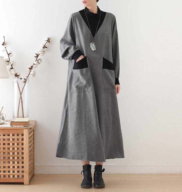 Vivid High Neck Pockets Tunics Outfits Gray Maxi Dress