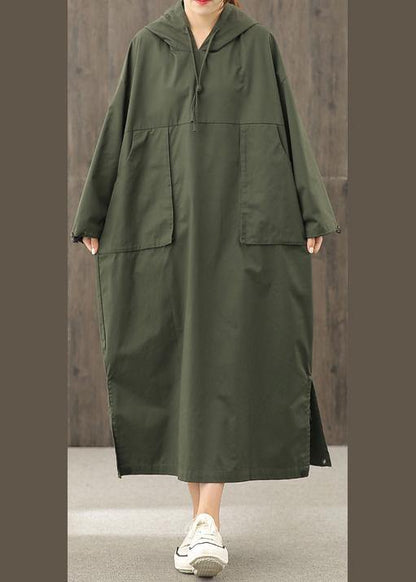 Vivid Hooded Side Open Clothes Pattern Blackish Green Art Dress