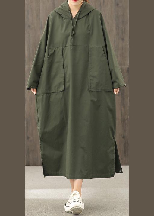 Vivid Hooded Side Open Clothes Pattern Blackish Green Art Dress