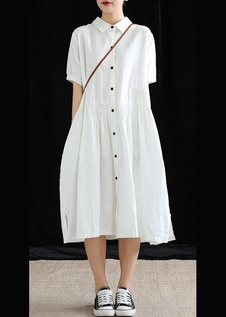 Vivid Lapel Cinched Cotton Linen Wardrobes Sleeve White Dresses