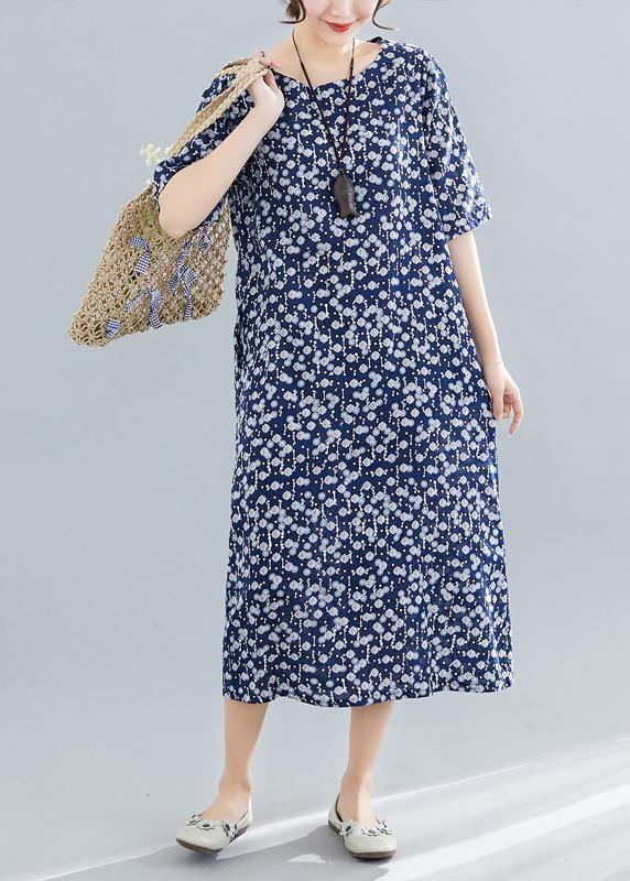 Vivid Navy Print Cotton Linen Clothes for O Neck Pockets Maxi Summer Dress