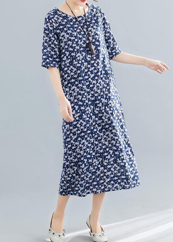 Vivid Navy Print Cotton Linen Clothes for O Neck Pockets Maxi Summer Dress