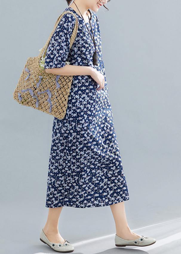Vivid Navy Print Cotton Linen Clothes for O Neck Pockets Maxi Summer Dress