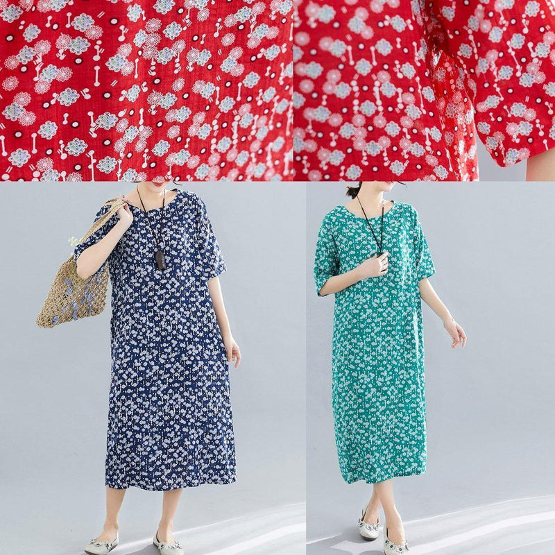Vivid Navy Print Cotton Linen Clothes for O Neck Pockets Maxi Summer Dress