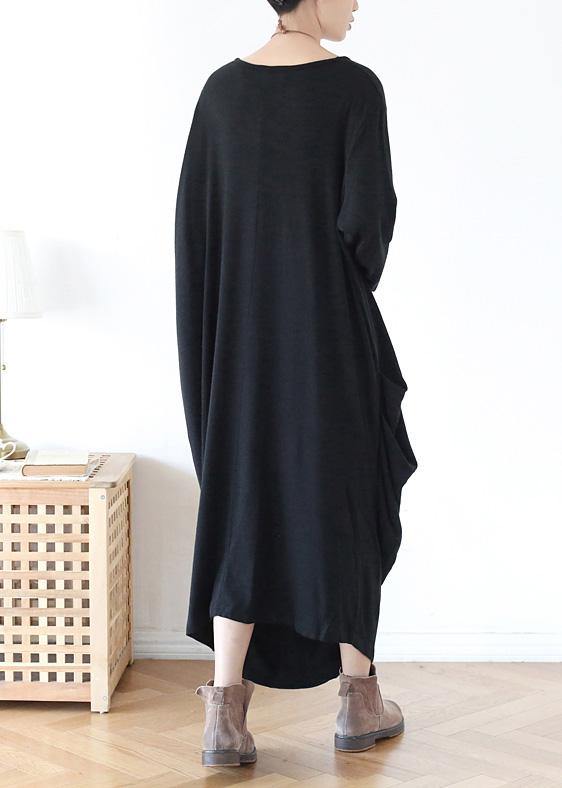 Vivid O Neck Asymmetric Cotton Spring Clothes Neckline Black Robe Dress