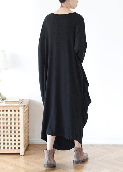 Vivid O Neck Asymmetric Cotton Spring Clothes Neckline Black Robe Dress