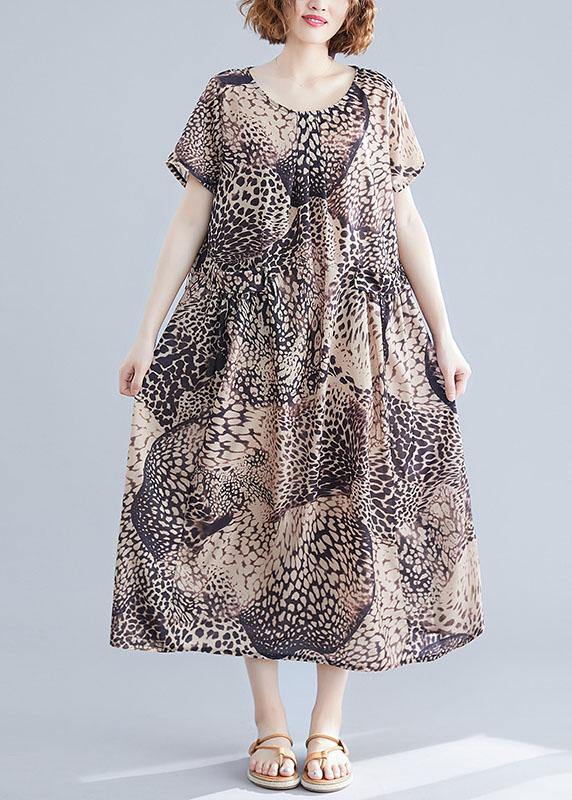Vivid O Neck Cotton Clothes Linen Leopard Cotton Robes Dresses Summer
