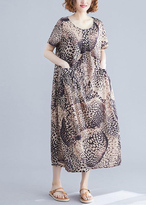 Vivid O Neck Cotton Clothes Linen Leopard Cotton Robes Dresses Summer