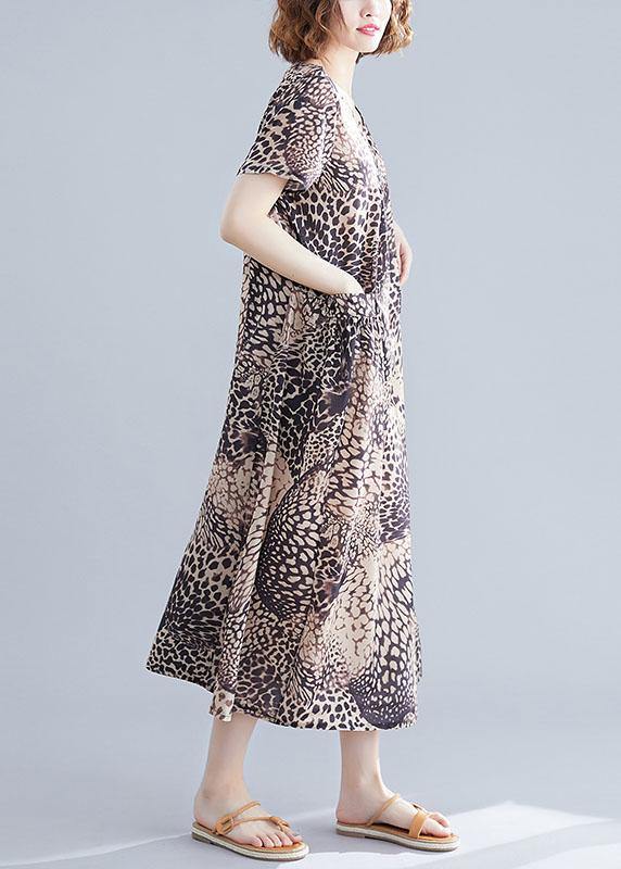 Vivid O Neck Cotton Clothes Linen Leopard Cotton Robes Dresses Summer