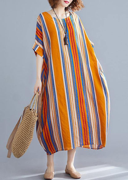 Vivid O Neck Cotton Clothes Design Multicolor Striped Maxi Dresses Summer