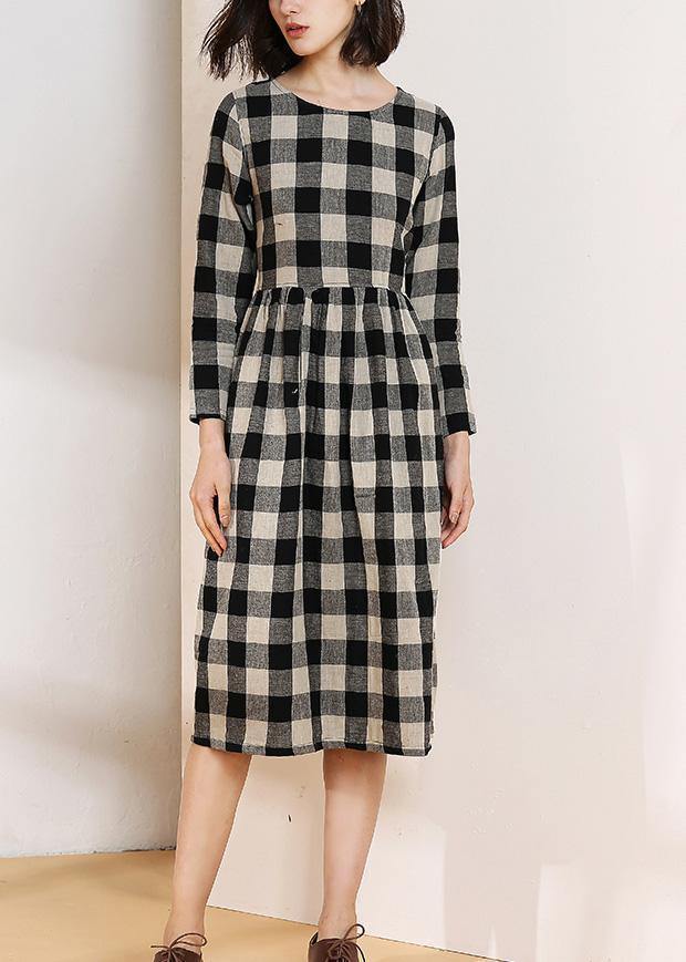 Vivid O Neck Cotton Linen Spring Clothes Runway Black Plaid Dress