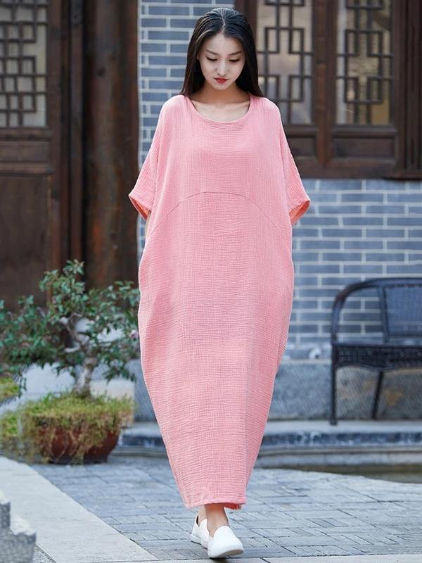 Vivid O Neck Half Sleeve Cotton Linen Quilting Clothes Neckline Pink Dress