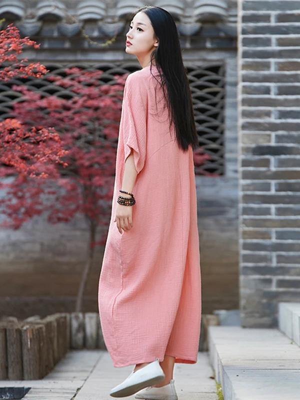 Vivid O Neck Half Sleeve Cotton Linen Quilting Clothes Neckline Pink Dress