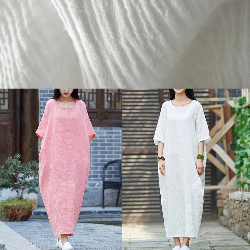 Vivid O Neck Half Sleeve Cotton Linen Quilting Clothes Neckline Pink Dress