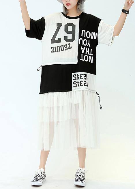Vivid O Neck Patchwork Tulle Cotton Quilting Dresses Black Print Traveling Dresses Summer